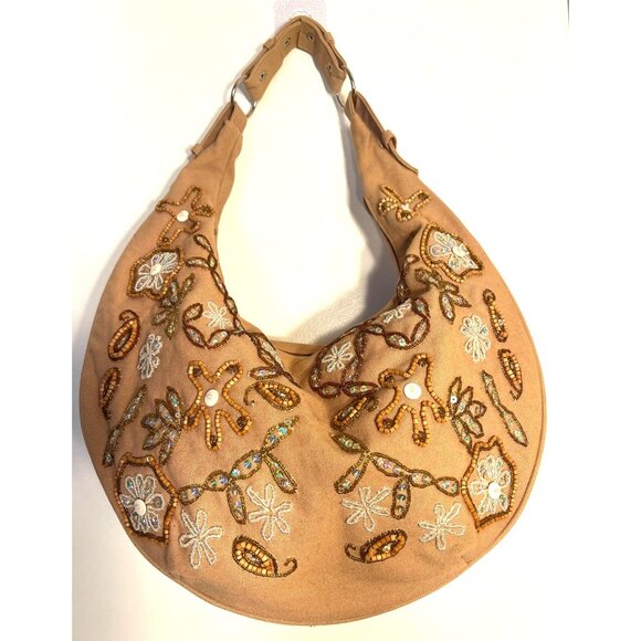 Vtg Beaded Boho Shoulder Bag Tan Canvas Floral Embroidery Beads Adjustable Strap - Picture 1 of 10
